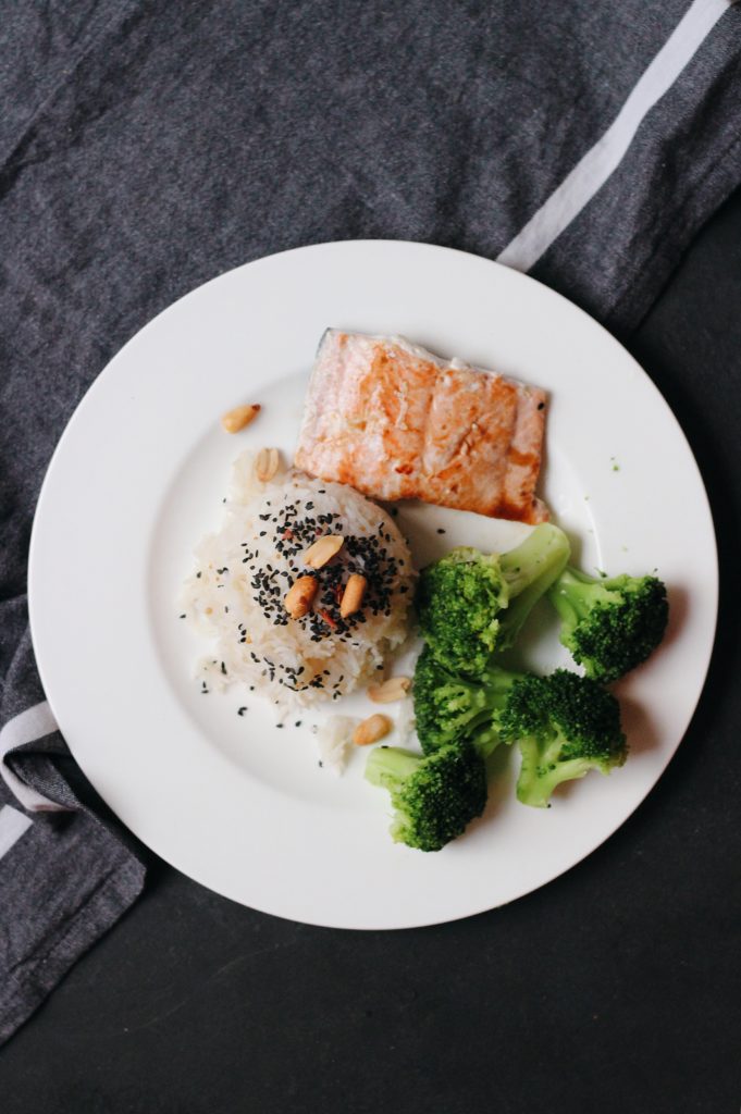 Simple healthy dinner option: Pan seared salmon // coconut rice // steamed broccoli.