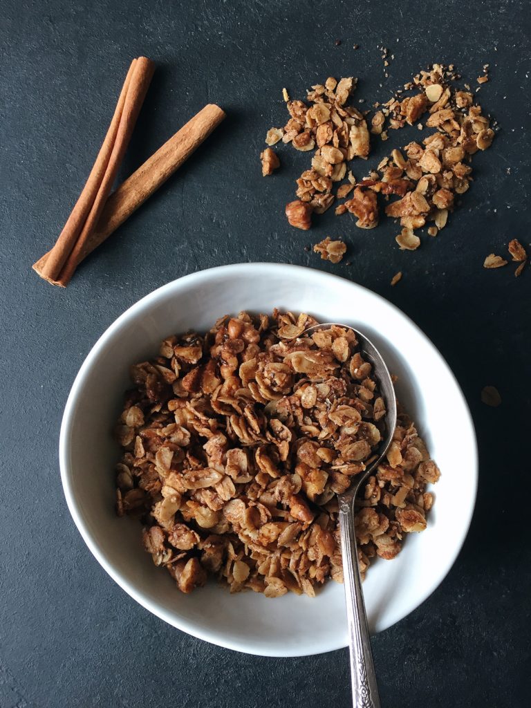 Roasted Walnut Maple Granola: A deeply flavorful and crunchy breakfast granola made from roasted walnut oil, maple syrup and lots of cinnamon. Vegan and Gluten Free.