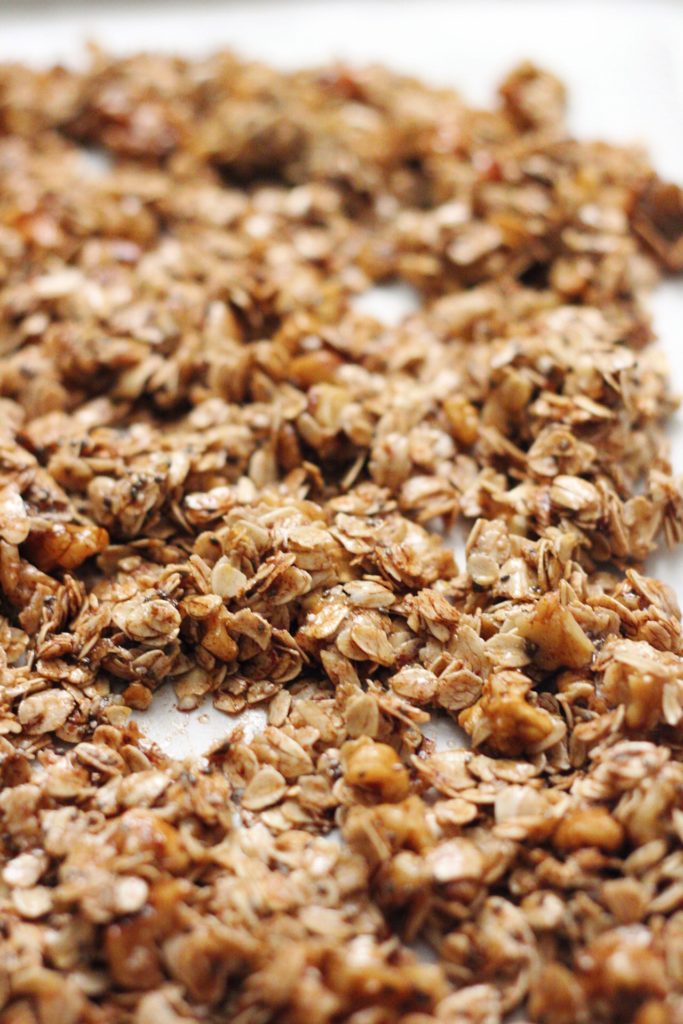 Roasted Walnut Maple Granola: A deeply flavorful and crunchy breakfast granola made from roasted walnut oil, maple syrup and lots of cinnamon. Vegan and Gluten Free.