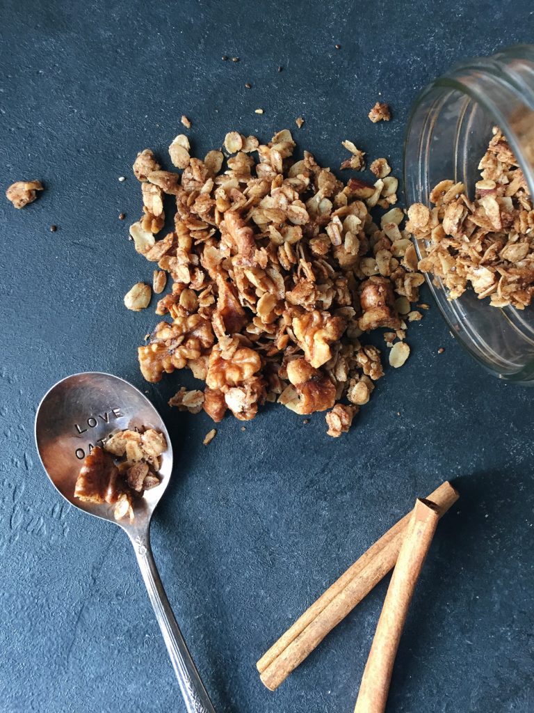 Roasted Walnut Maple Granola: A deeply flavorful and crunchy breakfast granola made from roasted walnut oil, maple syrup and lots of cinnamon. Vegan and Gluten Free.
