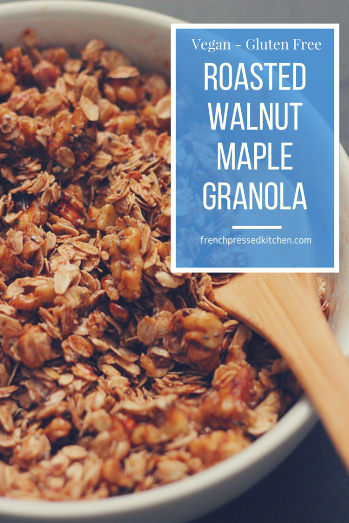 Roasted Walnut Maple Granola: A deeply flavorful and crunchy breakfast granola made from roasted walnut oil, maple syrup and lots of cinnamon. Vegan and Gluten Free.