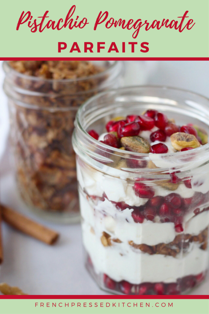 An easy, 5 minute holiday parfait recipe, featuring pistachio, pomegranate and nutty granola that is sure to brighten your day. #GlutenFree and #Vegan options!