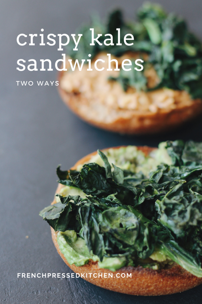 Crispy Kale Sandwiches. An easy, #vegan and #vegetarian breakfast idea: layer crispy kale on top of salted avocado and peanut butter. 