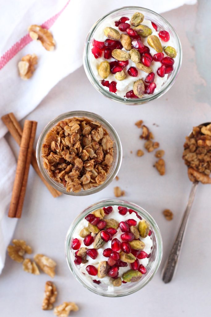  An easy, 5 minute holiday parfait recipe, featuring pistachio, pomegranate and nutty granola that is sure to brighten your day. #GlutenFree and #Vegan options!