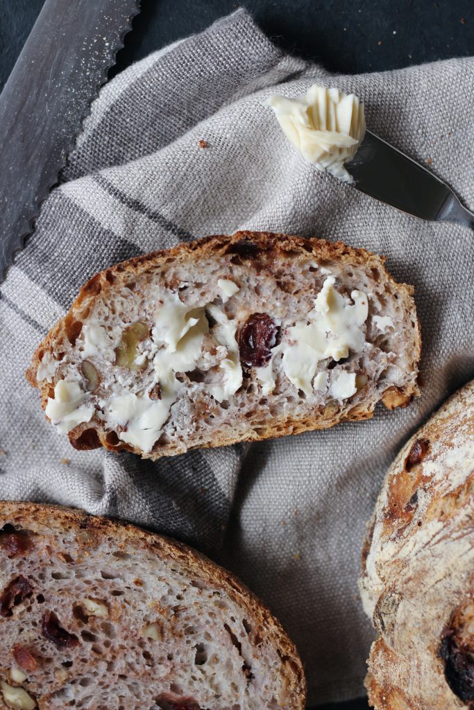 An easy, hands-off no-knead recipe for crusty cranberry walnut bread. A copycat of the Le Diplomate bread from Washington, D.C..