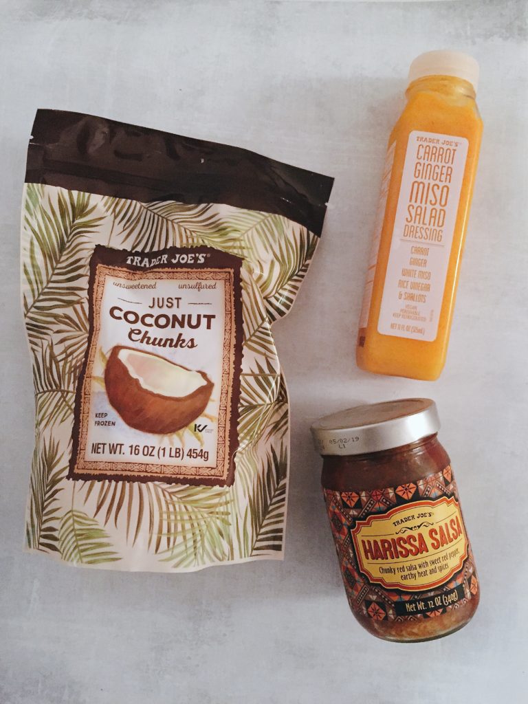 Latest Trade Joe's finds - coconut chunks, harissa salsa and orange miso dressing.