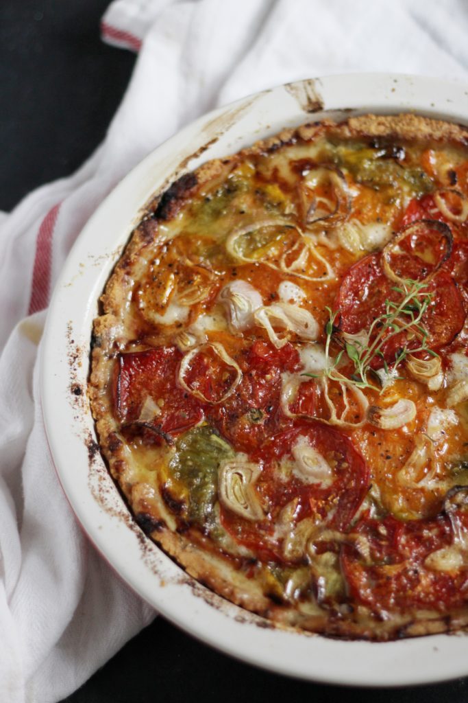 roasted tomato parmesan garlic pie with shallots - cooked