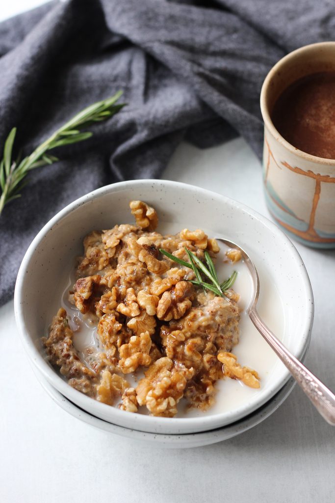 Rosemary brown sugar oatmeal with walnuts and hot chocolate