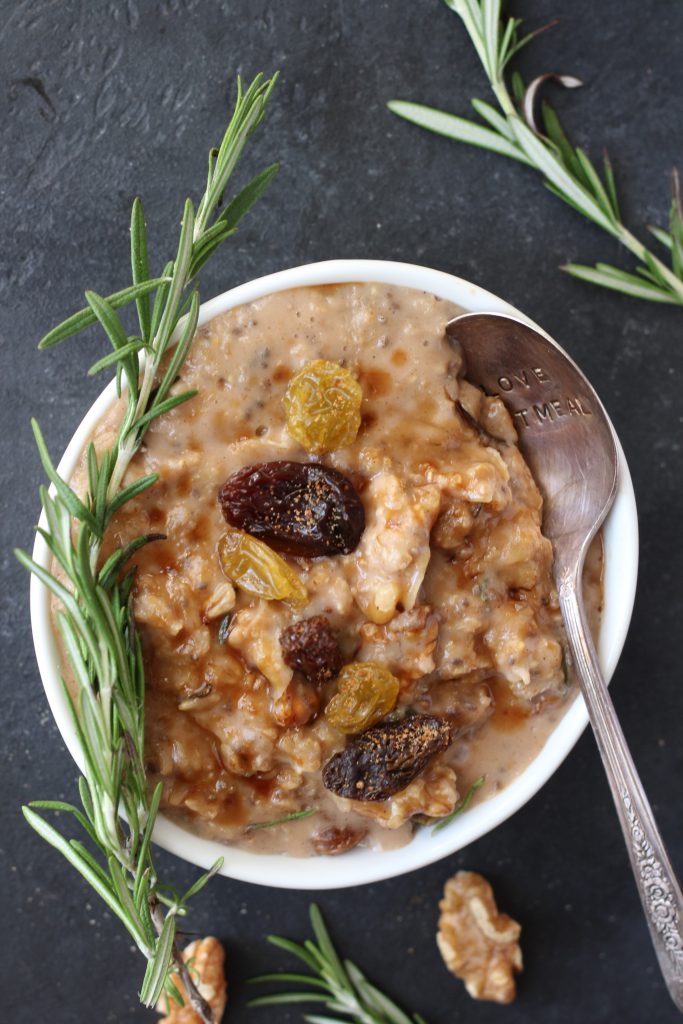 Rosemary brown sugar oatmeal with walnuts and raisins